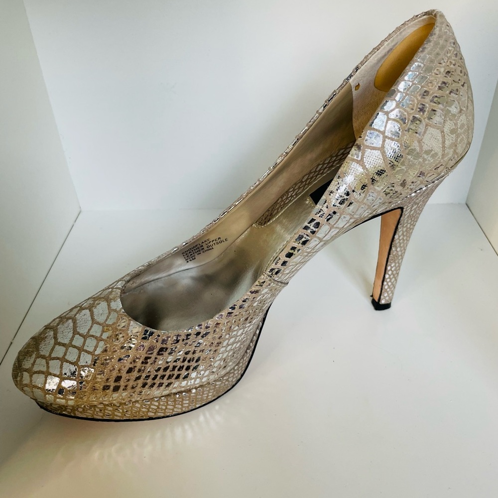 White House Black Market metallic snake skin heels.